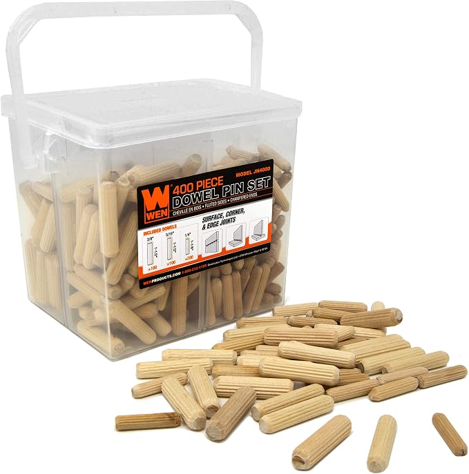 Milescraft 1334 Joint Master – Self-Clamping Aluminum Doweling Jig. Creates Edge & WEN JN400D 400-Piece Fluted Dowel Pin Variety Bucket with 1/4, 5/16, and 3/8-inch