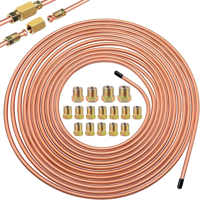1/4Inch x 25 ft Brake Line Tubing Kit Flexible Copper Coated Alloy Brake Line Tubing Coil with 16 Inverted Flare Fittings SAE Standard