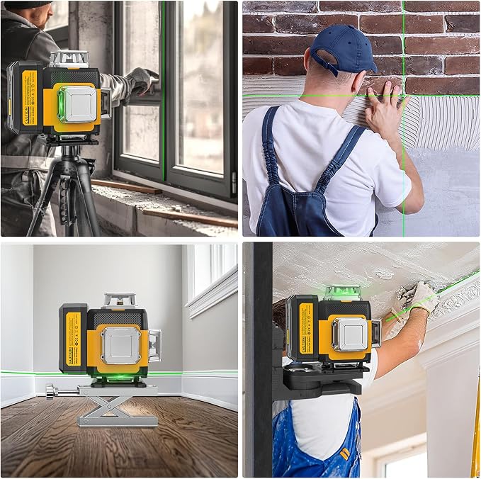 4 x 360 Laser Level 360° Self Leveling, 4D High Brightness Rechargeable Lazer Level, with Pluse Mode for Outdoor, Hard Carry Case, Lift Base, Glasses, Target Plate
