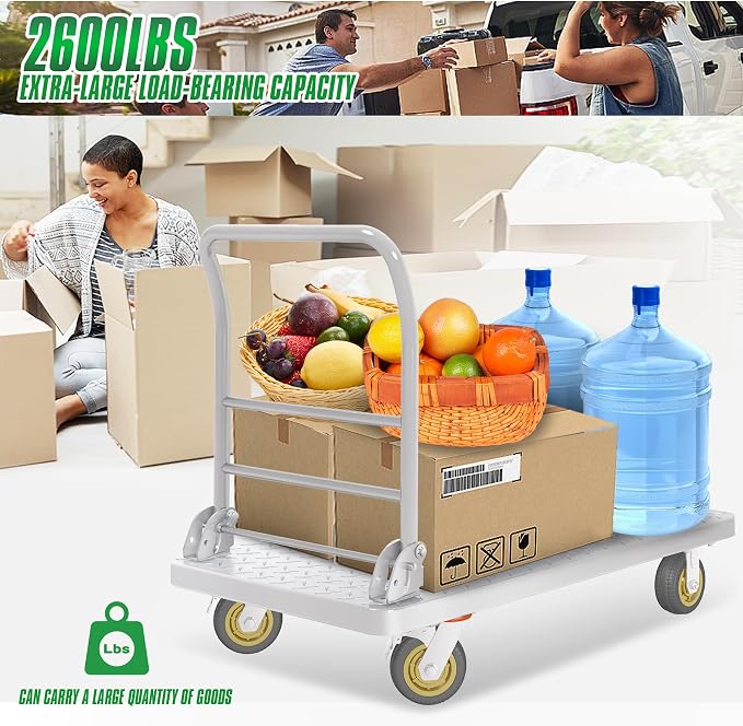 Platform Truck with Brake System 2600lbs Capacity Heavy Duty Push Cart Dolly Foldable Flatbed Cart with 5'' Swivel Wheels Large Steel Platform Dolly Cart for Groceries, Garage, Warehouse (24" x 48")