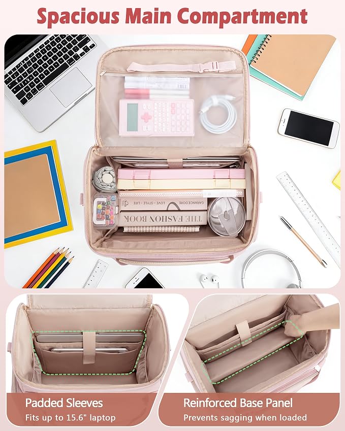 Marscamd Rolling Teacher Bag with 15.6" Laptop Compartment, Wheeled Work Briefcase Tote with Detachable Trolley for Women, Pink