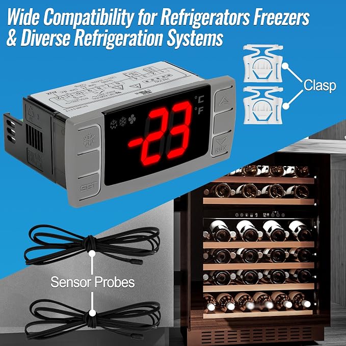 XR02CX-4N1F1 Temperature Controllers, Ideal for 120V 50-60hz Commercial Refrigerators/Freezer, Digital Thermostat with Sensor Probe & Mounting Hardware