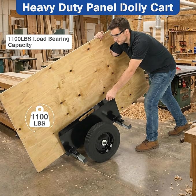 Heavy Duty Panel Dolly Black 1100LBS Capacity Door Cart with 10" Solid Wheels, Adjustable Drywall Mover Panel Drywall Cart Material Handling All Terrain Slab Dolly