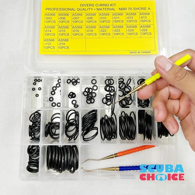Scuba Choice Scuba Diving O-Ring Kit with Brass Pick - 200-Piece Set for Dive Gear Maintenance, Durable Black O-Rings, Compact and Reliable Tool for Divers