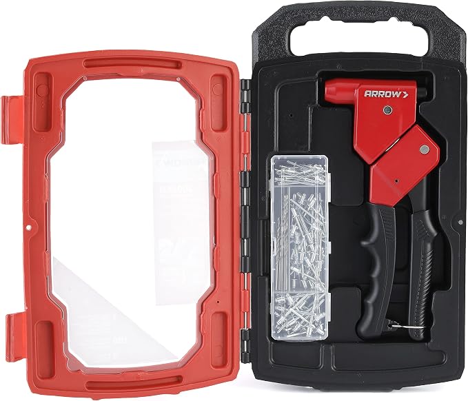 Arrow Fastener SHRTKIT-AM Rivet Tool Kit with RT300S Headless Riveter for Auto Body Repair, HVAC, Drop Ceiling Grids, and Sheet Metal Work, includes 100 Rivets and 3 Drill Bits, Black/Red