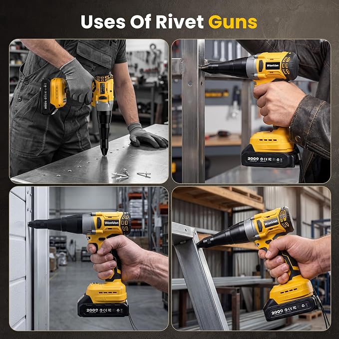 WonVon Cordless Electric Rivet Gun Tool 20V Max Battery, Brushless Automatic Kit Rivets, Pop Rivet Gun with 3 Size (1/8", 5/32", 3/16") Rivets, 1*Battery, Fast Charger, Rivet Head, Led Light