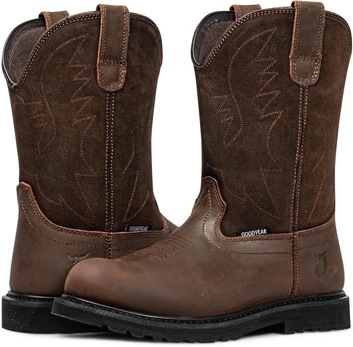 J‘s.o.l.e Men's Cowboy Work Boots Leather Goodyear Welt Non-Slip Rubber Outsole Round Toe Pull-On Brown – Steel Toe & Soft Toe Options