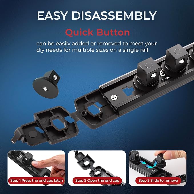 Reniteco Magnetic Socket Organizer, 3/8" Drive Aluminum Alloy Socket Rail, Heavy Duty Magnetic Socket Holder with 14PC 360° Swivel Removable Clips, Magnetic Socket Rack for Tool Box Drawer, Black