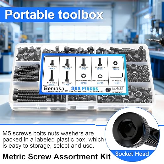 304PCS M5 Screws Kit, M5x8/12/16/20/30/35mm Hex Socket Head Cap Screws Bolts Nuts Washers Kit, 12.9 Grade Alloy Steel Metric Machine Screw for 3D Printing