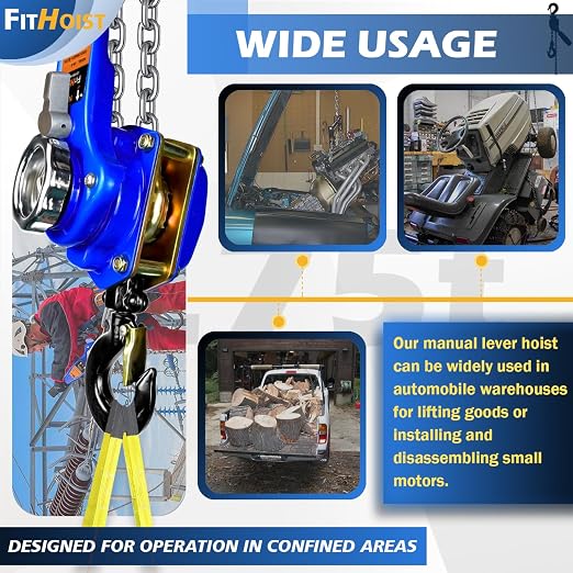 3/4 Ton Lever Chain Hoist w/ 2 Lift Sling Straps and Gloves - 1650LBS Chain Come Along 10Ft Lift, for Garage, Open-Air and Unpowered Operations