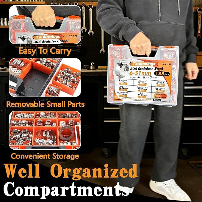 304 Stainless Steel Hose clamps Kit, Metal Strap and Strong Fasteners Set | 196PCS 1/4 to 2 inch Worm Gear Clamp Assortment 8 Sizes and 10FT Band Strap for Automotive, Plumbing, Fuel Pipe and DIYers
