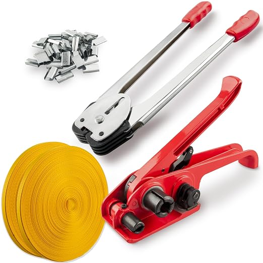Heavy Duty Packaging Banding Strapping Kit, 4 in 1 Pallet Strapping Kit with Poly Strapping Tensioner, Banding Sealer Tool, 4000" Length Strapping Roll & 100 Metal Seals for Packing