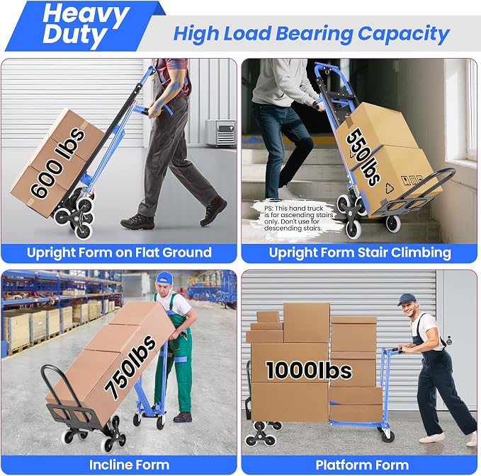 Professional 1000LBS Stair Climbing Hand Truck, Heavy Duty 3-in-1 Aluminum Convertible Dolly Cart with Solid Wheels for Moving, Office, Travel (Blue)