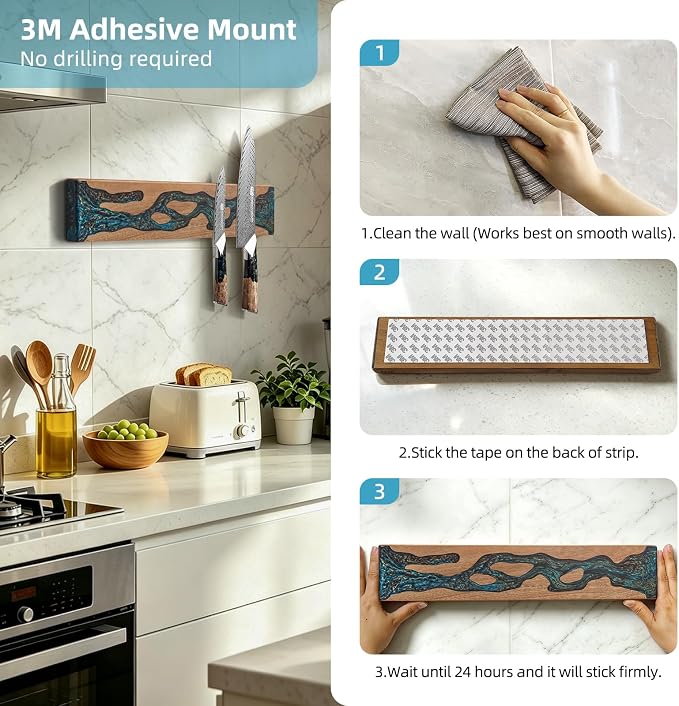 FINDKING Magnetic Knife Strip for Wall, Solid Acacia Wood with Mineral Blue Resin Inlay, Wall-Mounted Knife Holder with Strong Magnetic Hold, No-Drill Adhesive Mount (16 Inch)