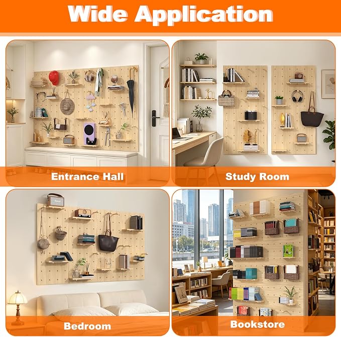 AMSXNOO Wood Pegboard Wall Organizer Panel, Wooden Pegboard Combination Wall Organizer Kit, Peg Board Panel Kits for Office Bedroom Livingroom Studyroom (Wooden Color, 40X60CM/15.7X23.6IN)