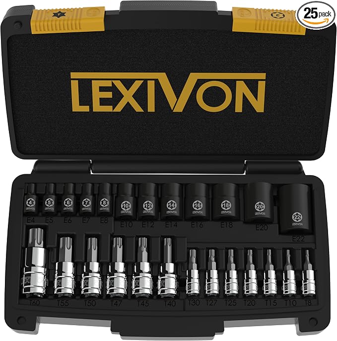 LEXIVON Master Torx Bit and Socket Set, Premium S2 Alloy & Cr-V Steel | 25-Piece, Bit Socket T8-T60 & E-Torx E4-E22 | Heavy-Duty Storage Case (LX-148)