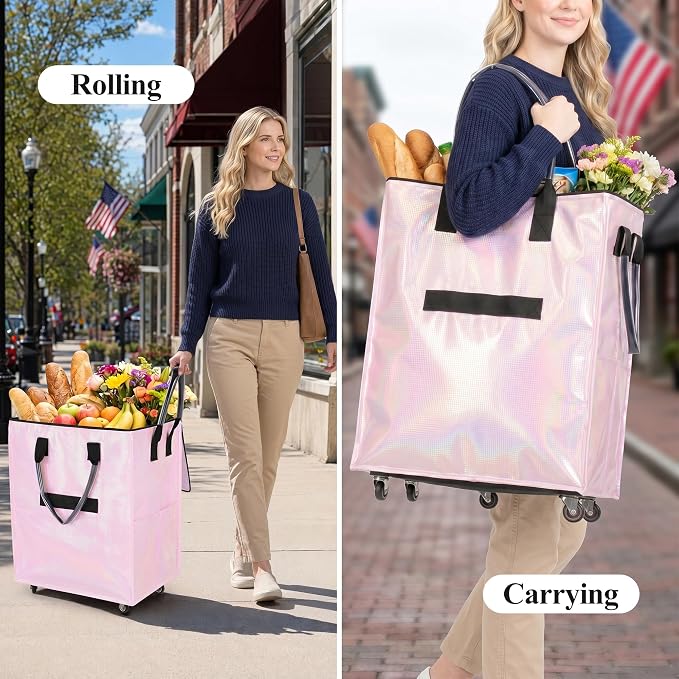 Reusable Grocery Bag on 5 Wheels, Rolling Shopping Bags with Removable Baseboard, Foldable Tote Cart for Groceries, Laundry, Organization, Moving (Pink)