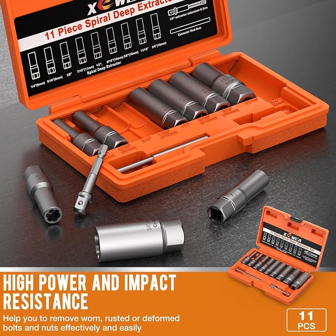 XEWEA 11PCS Deep Spiral Bolt Extractor Kit, Bolt & Nut Remover Easy-Out Set, Deep Socket Tools For Removing Broken, Frozen, Rusted, Rounded-Off Bolts, Studs, Nuts & Screws,Friendly Narrow Spaces