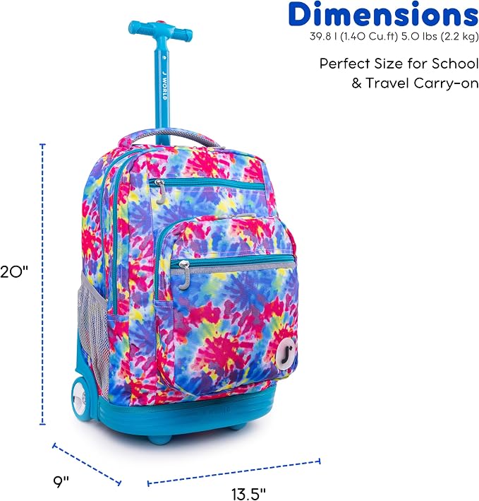 J World Sundance Laptop Rolling Backpack for Girls Boys. Roller Bookbag with Wheels, 20 Inch, Tie Dye