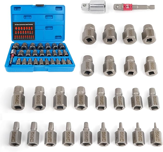 27-PC Upgrade Screw Extractor Set, 3/8" Drive, Easy Out Bolt Extractor Set, Multi-Spline, for Removing Broken Studs, Bolts, Screws (New Version)