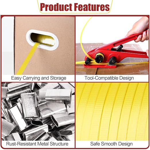 MYFAMIREA Heavy Duty Packaging Strapping, 1/2" x 3500FT Polypropylene Plastic Packaging Strapping, 300 Metal Seals, for Pallets, Logistics, Warehouse, Box Packaging and Shipping, Yellow