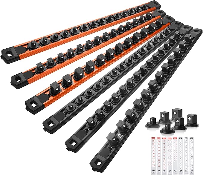 Reniteco Magnetic Socket Organizer Set, 6PC 1/2" 3/8" 1/4" Drive Aluminum Alloy Socket Holder with 80PC 360° Swivel Removable Clips, Magnetic Socket Rail for Tool Box Drawer, Black&Orange