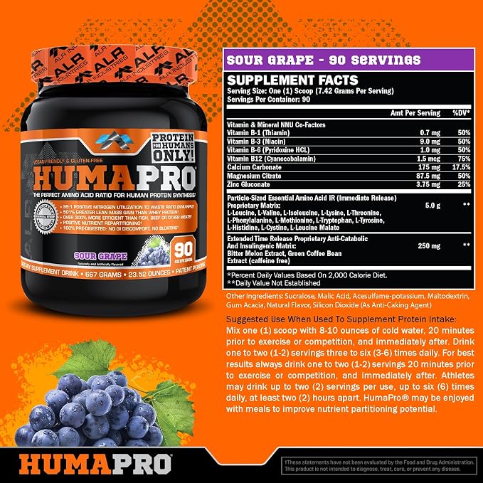 ALR Industries HumaPro Essential Amino Acid Formula | EAA Protein Supplement | Supports Muscle Recovery & Performance | Vegan, Gluten Free | | 90 Servings (Sour Grape)