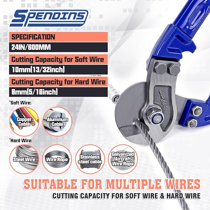 24” Heavy Duty Wire Rope Cutter,Steel Wire Cutters w/Ergonomic Handle Design, Hardened Cable Cutter Cuts Up to 13/32" for Wire rope, Stainless Steel Wire, Copper and Aluminium Cables
