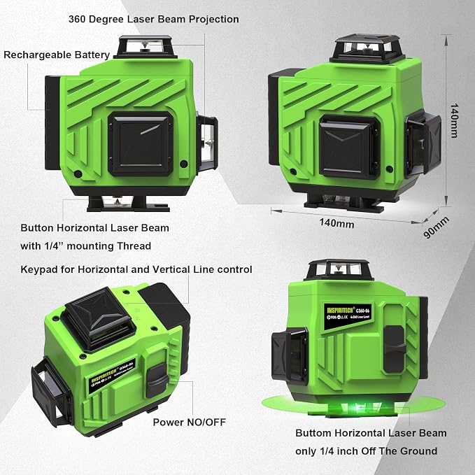 16 Line laser level 360 Self Leveling, 4x360 Cross Line 4D Green Beam Lazer Leveler Ideal for Floor, Wall & Ceiling Construction, Picture Hanging & Multi Surface Alignment