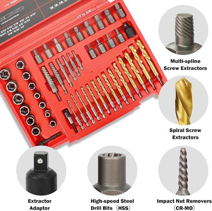 53Pcs Screw Bolt Extractor Set, Left Hand Drill Bit Set 6542/4341 HSS, Easy Out Bolt Extractor Set with Hex Adapter, Stripped Bolt Remover for Broken Rusted Nuts Screws, Bolts, Studs