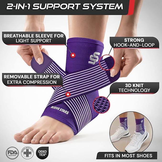 Sleeve Stars Ankle Brace for Women & Men, Ankle Wrap for Sprained Ankle, Compression Sleeve for Plantar Fasciitis Relief, Easy Customizable Support: w/Removable Strap (Single/L:12"-13"/Dark Purple)