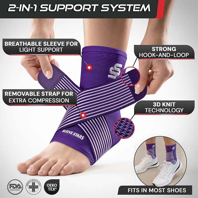 Sleeve Stars Ankle Brace for Women & Men, Ankle Wrap for Sprained Ankle, Compression Sleeve for Plantar Fasciitis Relief, Easy Customizable Support: w/Removable Strap (Single/S:9"-10"/Dark Purple)