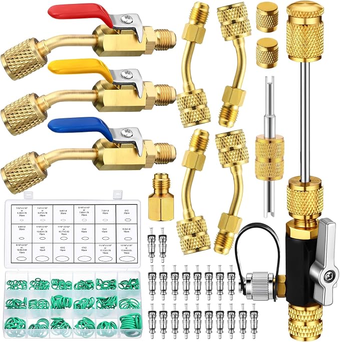 Tujoe R410a Valve Core Remover Tool HVAC Air Conditioning Refrigerant Angled Compact Ball Valve Compatible with Sae 1/4 and 5/16 Port R410 R32 Brass Adapter 20 Cores 10 Brass Nut 270 Sealing Washer
