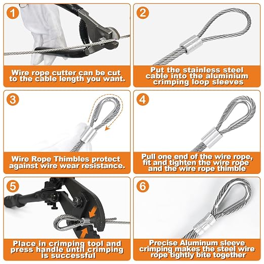TooTaci 1/8" Wire Rope Kit with 100ft Vinyl Coated Stainless Steel Cable, Wire Rope Crimping Tool & Cutter, Metal Wires for Garden Trellis, Clothesline, String Lights Hanging, Curtain
