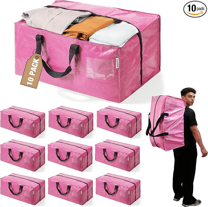 WORKPRO 10 Pack Extra Large Moving Bags with Zippers & Carrying Handles Backpack Straps, Heavy-Duty Storage Tote for Space Saving Moving Storage (Pink)