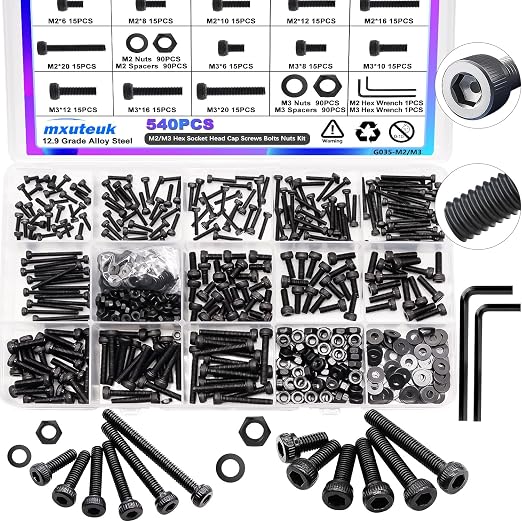mxuteuk 540PCS M2 M3 Metric Screws Assortment Set Suitable for 3D Printer DIY,Hex Socket Head Cap Screws Bolts Nuts Kit,12.9 Grade Alloy Steel Black Zinc Plated Assorted Screws with Hex Wrench