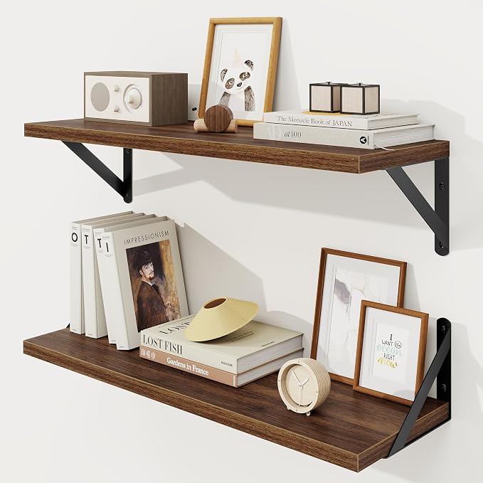 Floating Shelves 8 Inch Deep, 24W x 8D Wall Shelf Set of 2, 50 lbs Heavy Duty Reversible Metal Brackets, Industrial Book Shelf for Living Room Kitchen Bathroom Bedroom Gallery Wall, Walnut