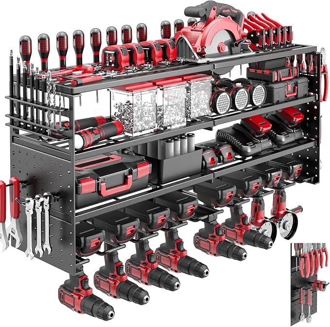 4 Tier Power Tool Organizer Wall Mount, 8 Cordless Tool Rack, 320LBS Heavy Duty Power Tool Storage Rack, Holds 50+ Tools with Side Pegboards for Garage Workshop Warehouse Organization