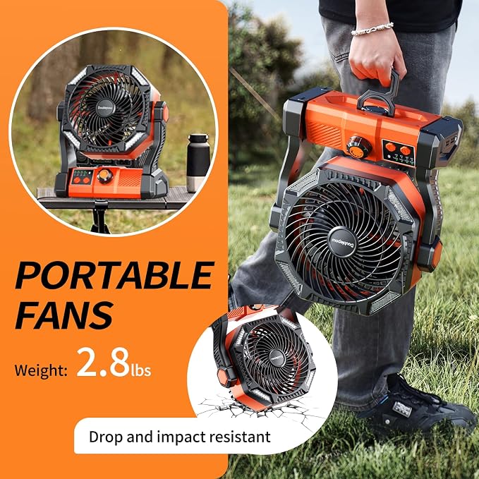 Doublepow 20000mAh Camping Fan with LED Light, Rechargeable Portable Table Fan, Upgrade Knob Adjustment 8 Speed with Remoter, Hook, Timer, Tent Fans for Fishing, Hurricane, Power Outage Essentials