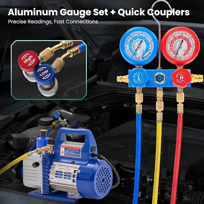 NEWBULIG 4CFM Single Stage Vacuum Pump 110V, with R134a AC Manifold Gauge Set & Leak Detector - Complete Kit for HVAC Air Conditioning Service, Refrigerant Recharging and Recovery