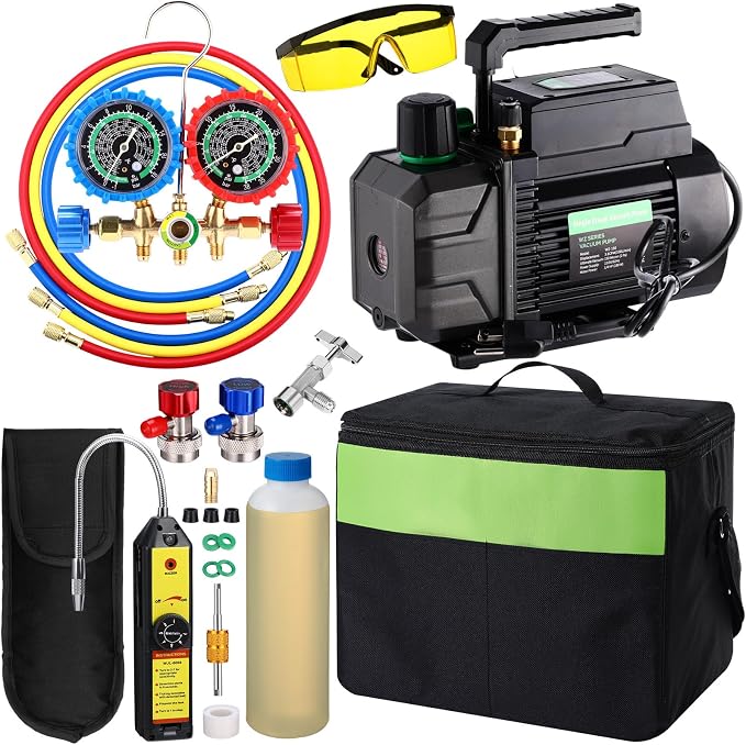 AC Vacuum Pump and Gauge Set kit 3.5CFM 1/4 HP for HVAC R134a R410a R12 R22 Mini Split Manifold Gauge AC Recharge with Leak Detector Tool Can Taps Quick Coupler Adapter Glasses Carry Bag