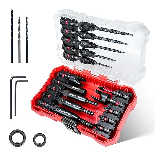 EZARC Countersink Drill Bit Set, 22PCS Counter Sink Drill Bit for Wood with Self Centering Drill Bits, Wood Plug Cutters,Screwdriver Bits, Magnetic Extension Bit Holder, 1/4" Hex Shank & Storage Box