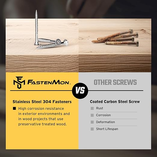 304 Stainless Steel Deck Screws, #10 x 3, 300 PCS | Torx Flat Head Type 17 Point with T25 Bit, Ideal for Outdoor Wood Projects, Fences, Benches, Picnic Tables, Decks, Bulk Box
