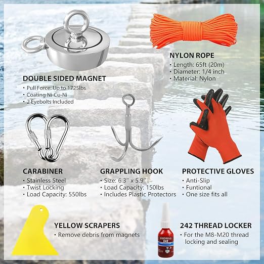 1725 lbs+ Fishing Magnet Kit, Double Sided Retrieval Magnet with Rope, Super Strong Fishing Tool for Retrieving Items in River, Lake, Beach, Lawn, 3.7" Diameter