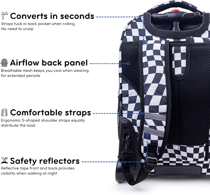 J World Sundance Laptop Rolling Backpack for Girls Boys. Roller Bookbag with Wheels, 20 Inch, Wavy Checkers
