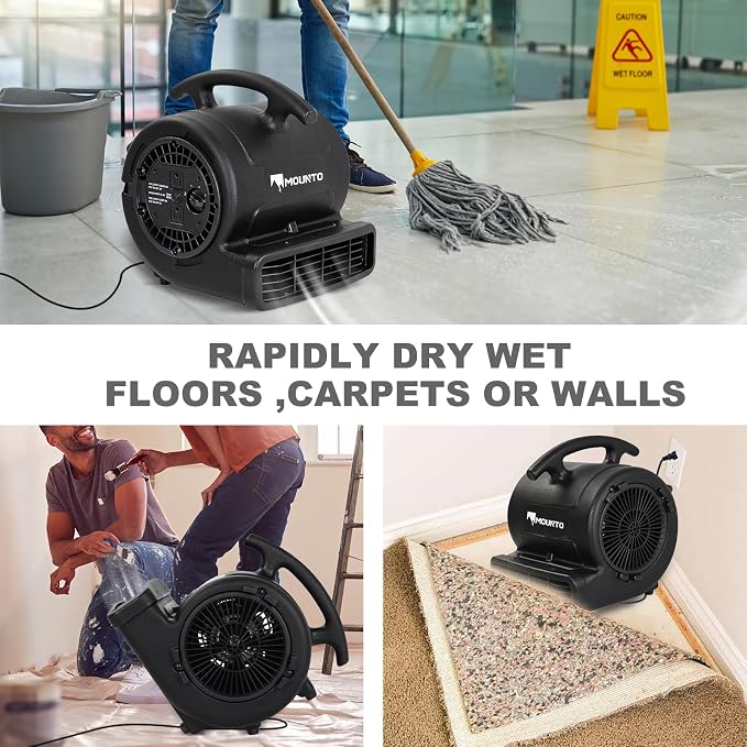 MOUNTO 1/4hp 1000CFM 2 Speed Air Mover Carpet Dryer Floor Fan Cooling Fan (Black)