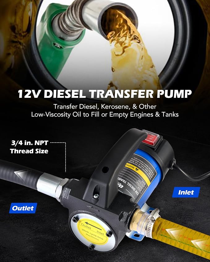 Orion Motor Tech Diesel Transfer Pump, 12 Volt Fuel Transfer Pump with Nozzle Hoses for Transferring Diesel, Kerosene, Self Priming DC Electric Fuel Pump Kit, Oil Not Included