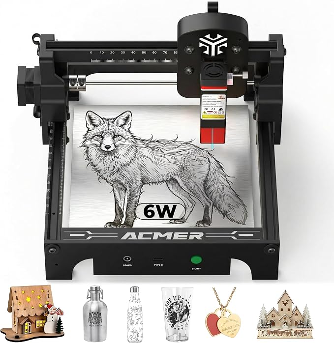 ACMER S1 Laser Engraver for Beginners, 6000mW Portable Laser Engraving Machine with 130x130mm Working Area, 0.01mm Precision, Desktop MINI Engravers for Wood, Leather, Metal, DIY Gifts & Home Projects