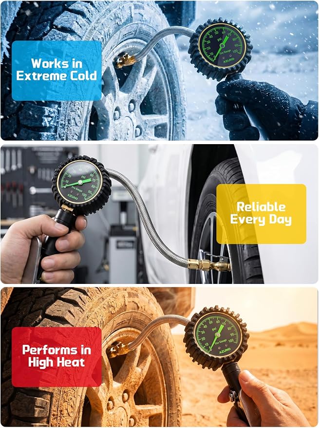 Analog Tire Inflator Gauge with Steel Braided Hose, 100 PSI Mechanical Tire Pressure Gauge – 3-in-1 Inflate/Deflate/Measure, 2.6" Glow Dial, Air Chuck for Car, Truck, SUV, RV, Bike (with Case)