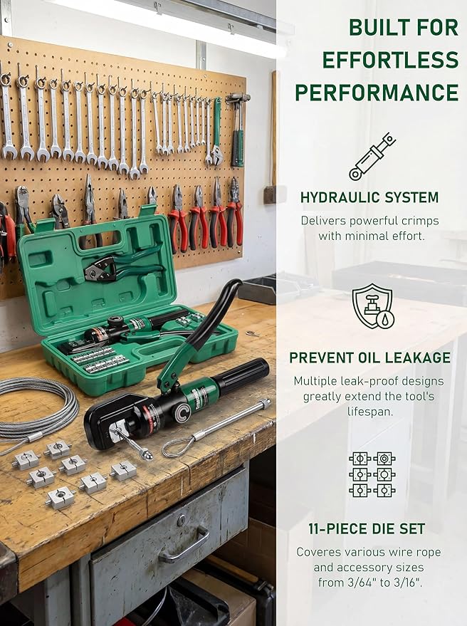 10-Ton Hydraulic Wire Rope Crimping Tool,Hydraulic Swaging Tool, 11 Dies for 3/64"-3/16" Double Barrel Sleeves & Stainless Steel Cable Railing Terminals, Professional Rigging Swager